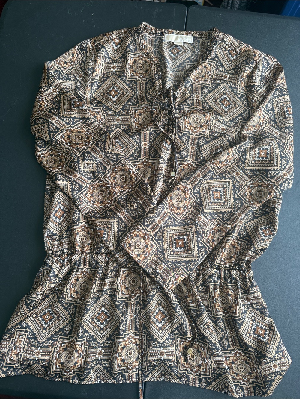 Michael Kors Brown and Black Geo-Print Long Sleeve Peplum Blouse